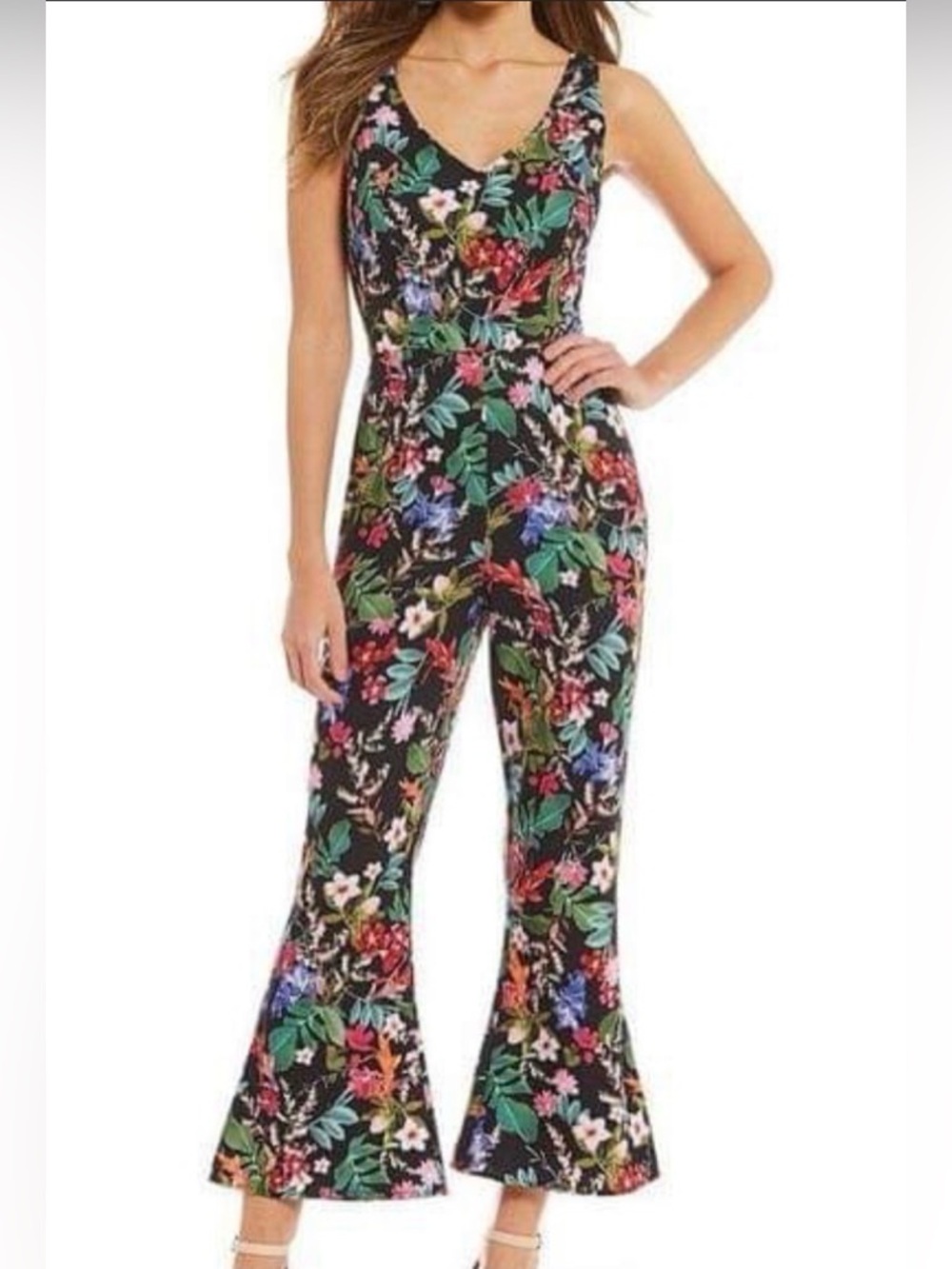 Gianni Bini Floral Bell Bottom Jumpsuit Black V-Neck 4